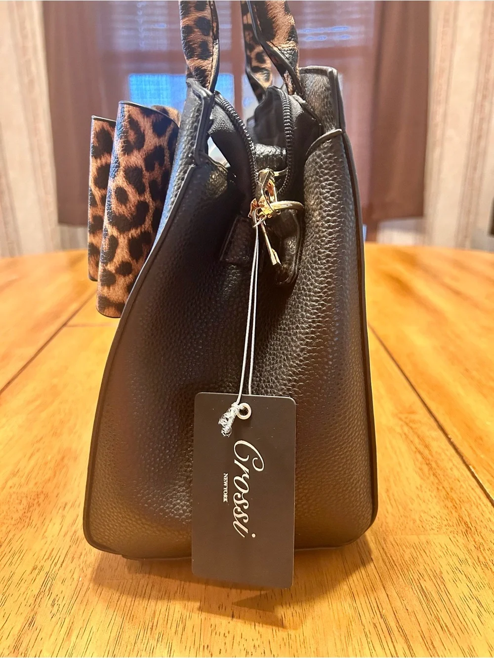 Crossi Chic Black Satchel with Leopard Bow Accent